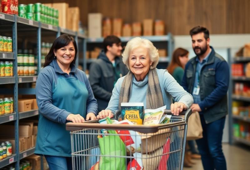 Volunteers helping family at food pantry with grocery cart