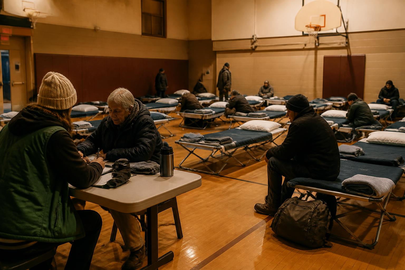 Warming shelter set up in a community gymnasium with cots and intake table