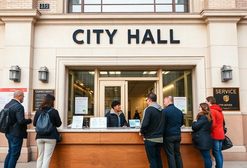 City hall with citizens receiving services